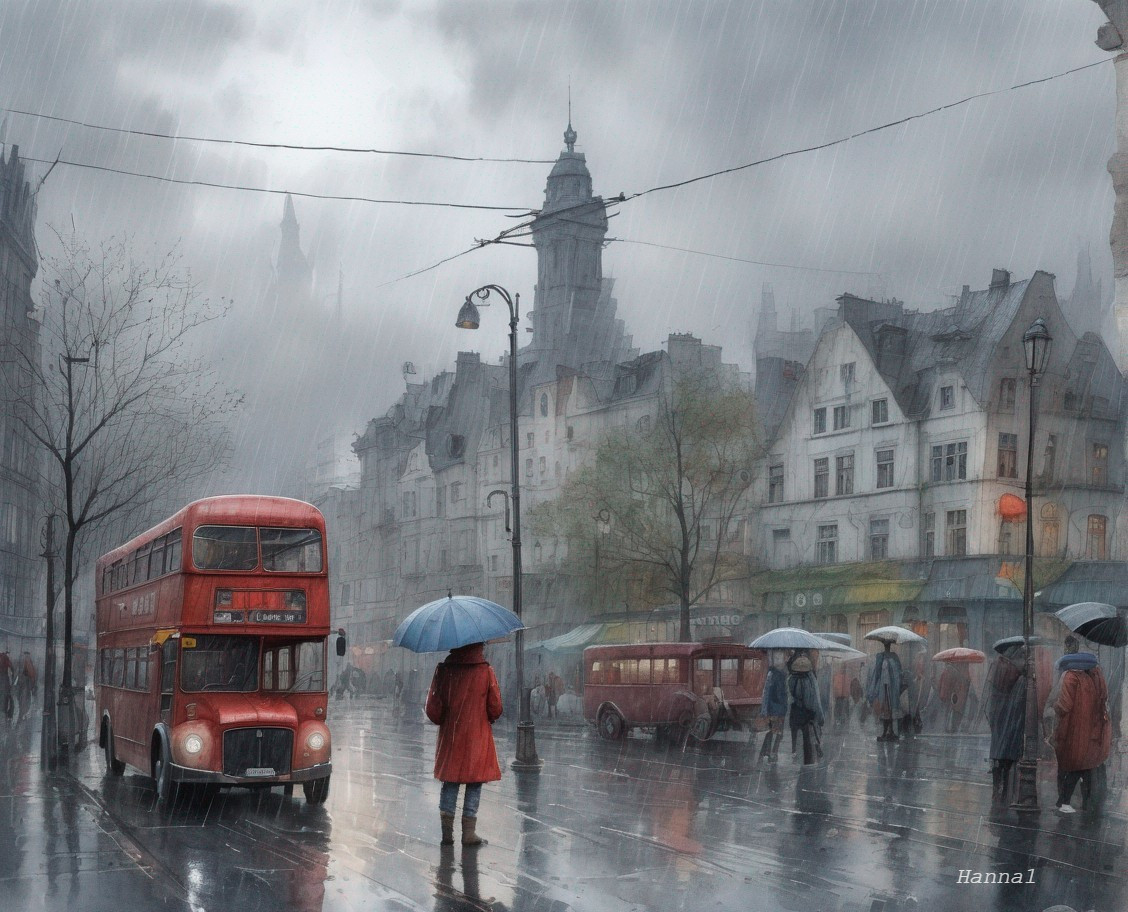Rainy Urban Scene with Double-Decker Bus and Umbrellas