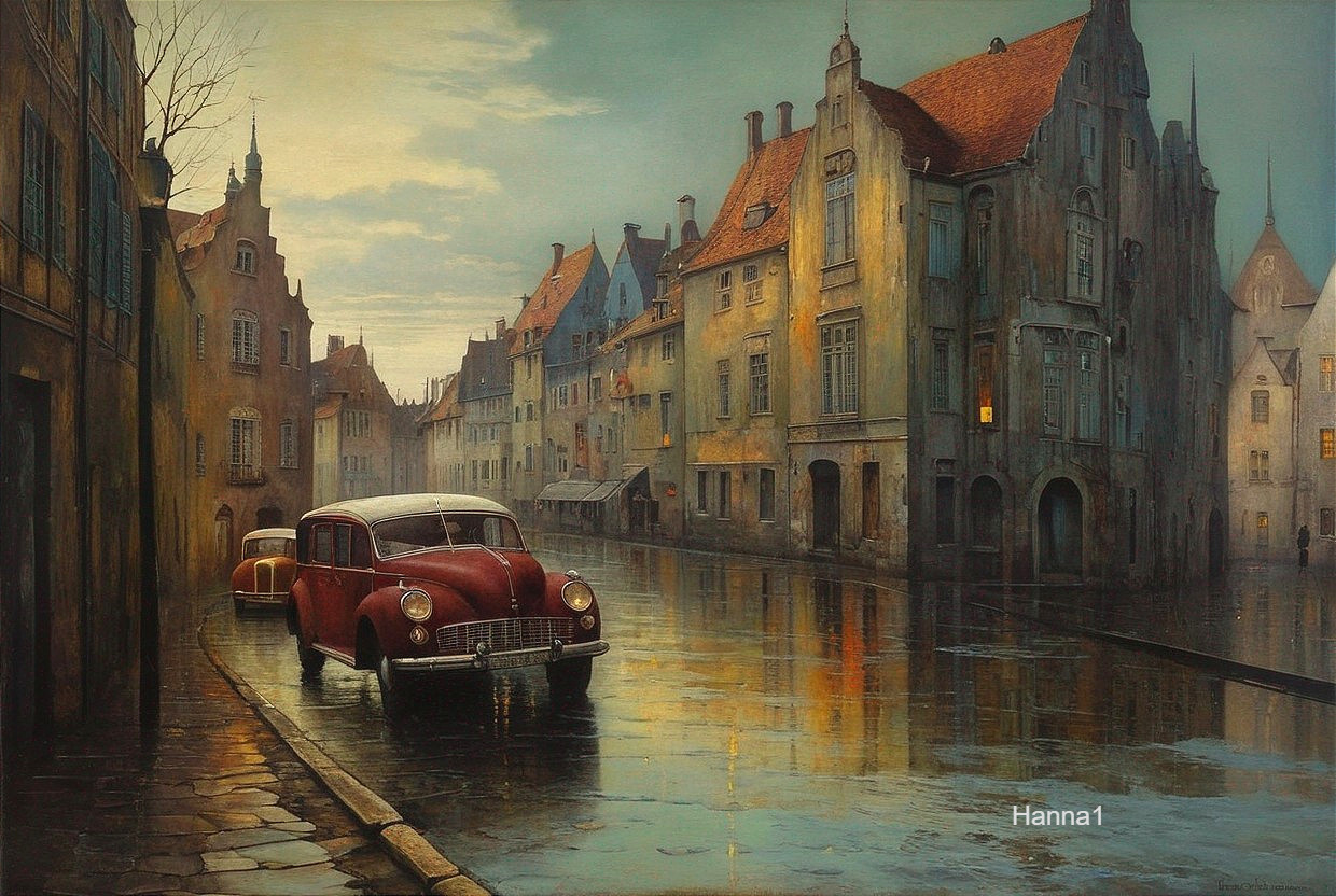 Vintage Red Car on Wet Cobblestone Street in Europe
