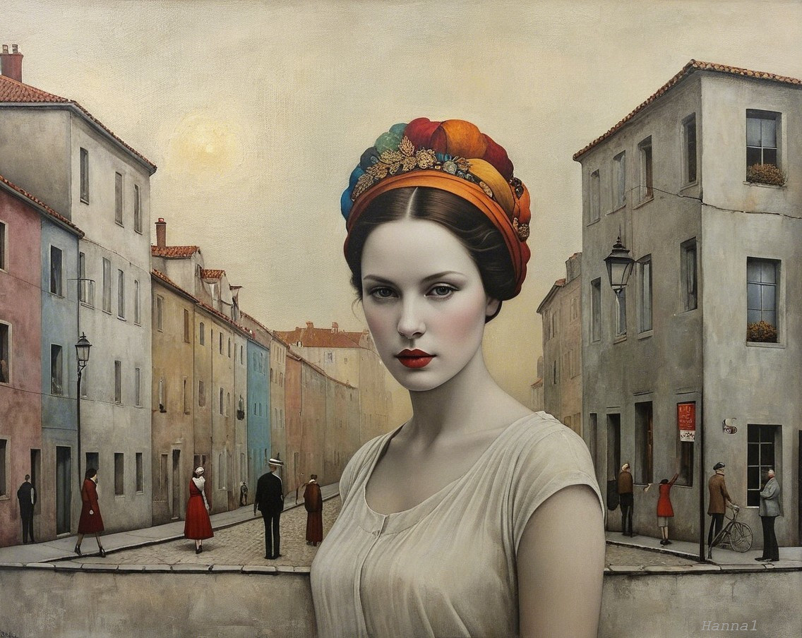 Young Woman with Colorful Headpiece in Nostalgic Scene