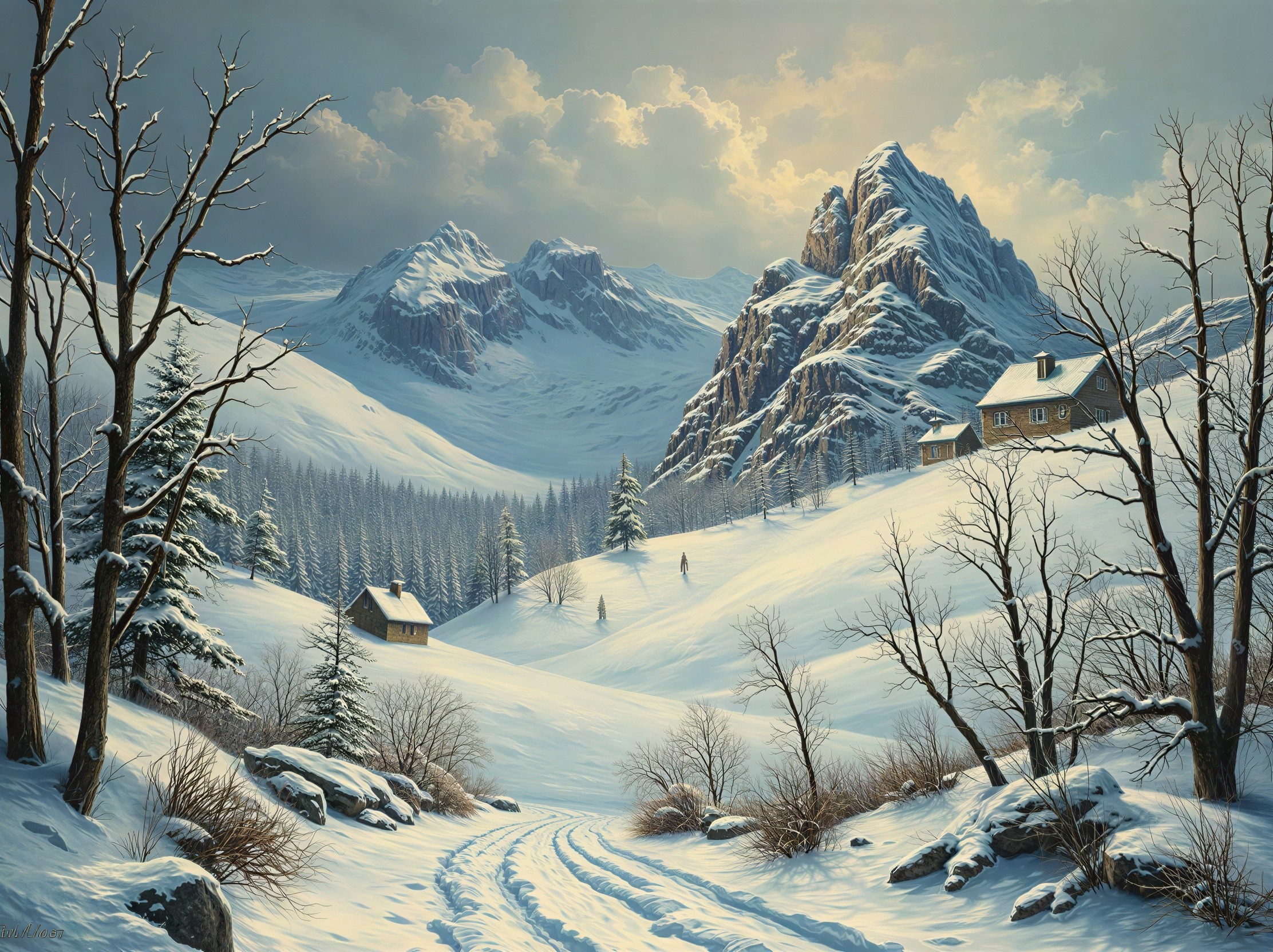 Realistic Winter Mountain Landscape Painting Description
