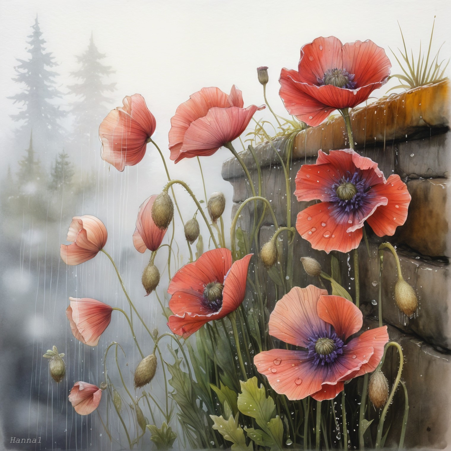 Vibrant red poppies blooming by a stone wall