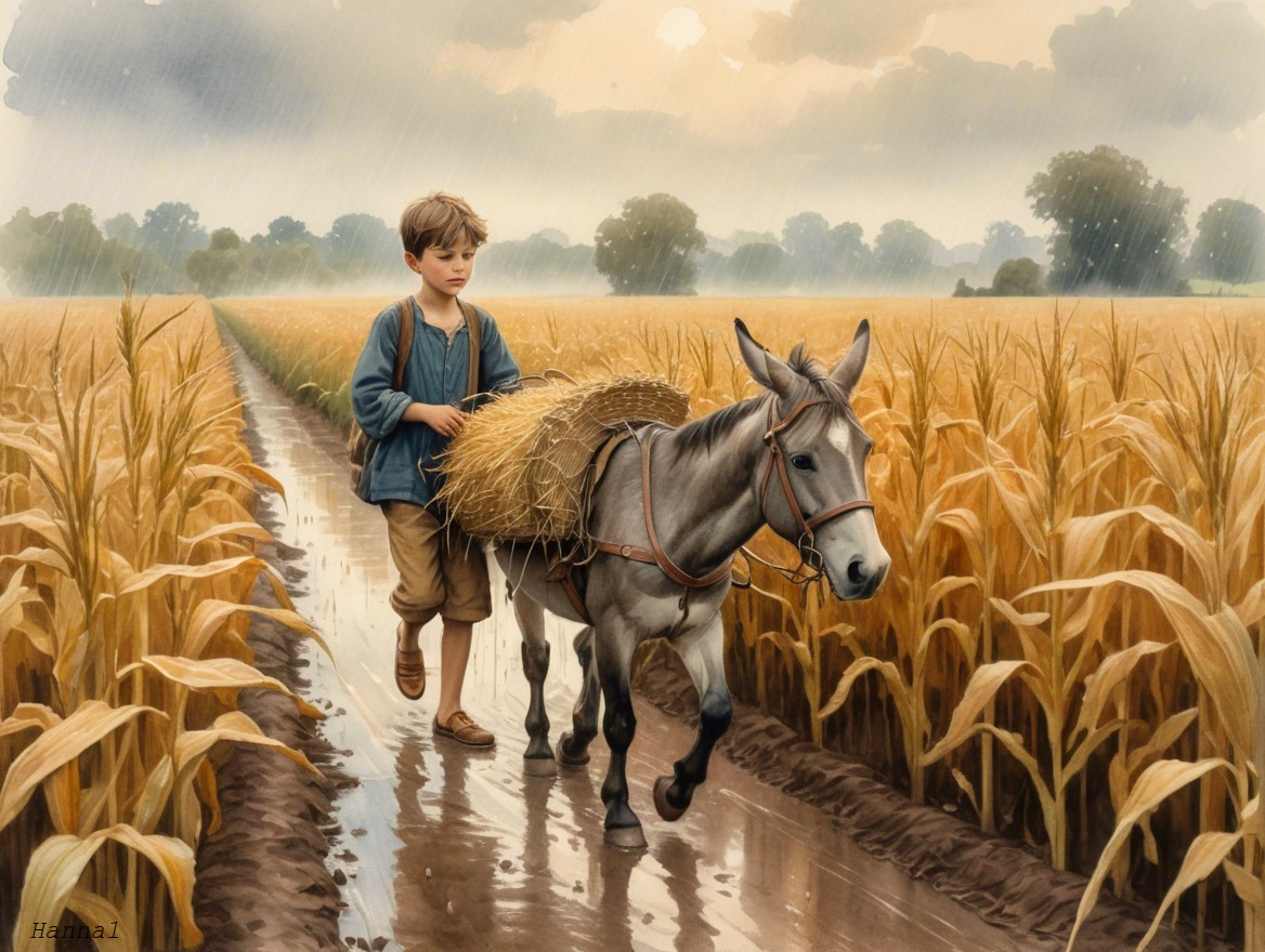 Young boy and donkey in golden wheat field under rain