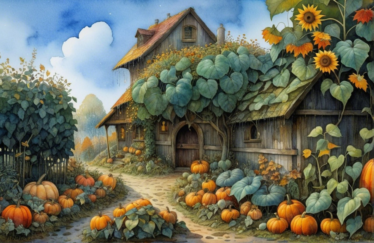 Rustic Countryside Scene with Vines and Sunflowers