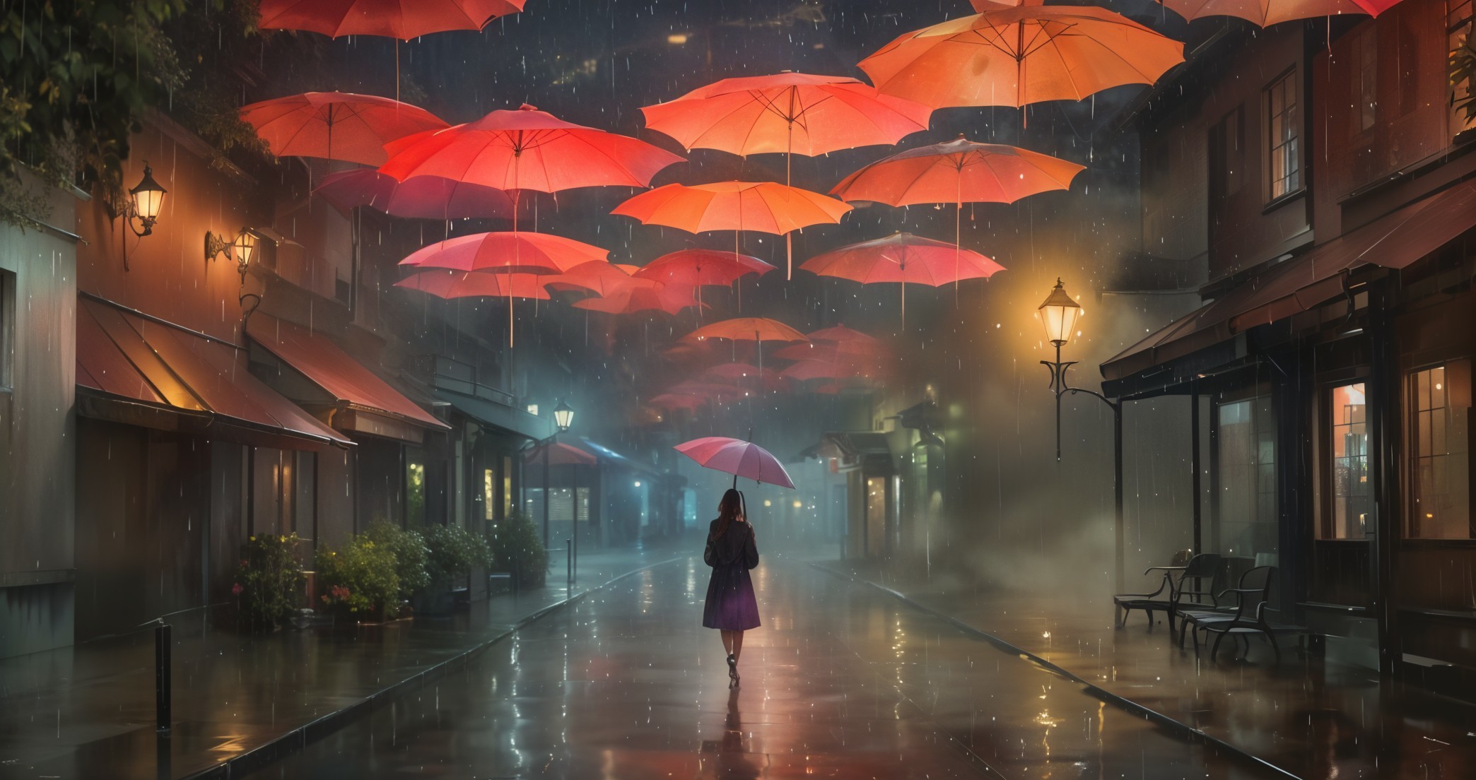 Rainy Street with Red Umbrellas and Soft Lighting