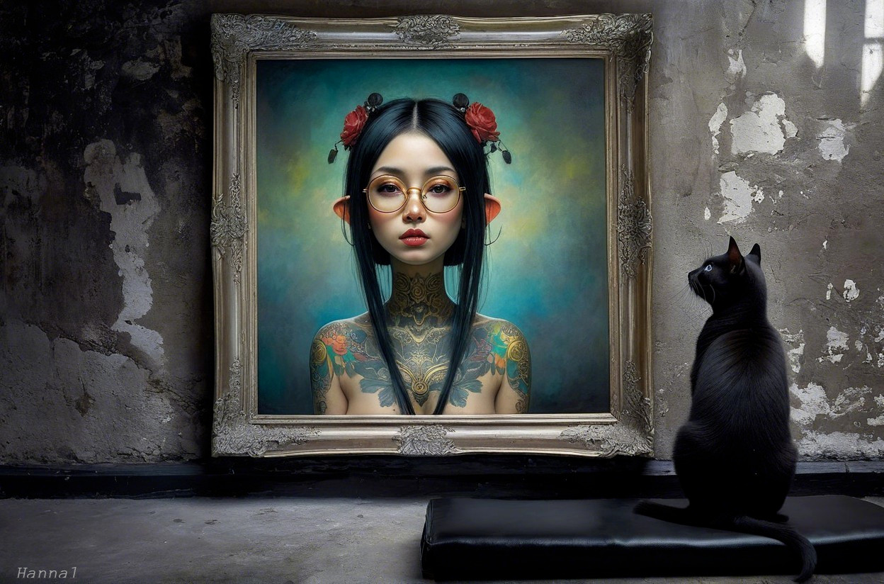 Black Cat Observes Ornate Portrait with Tattoos and Roses