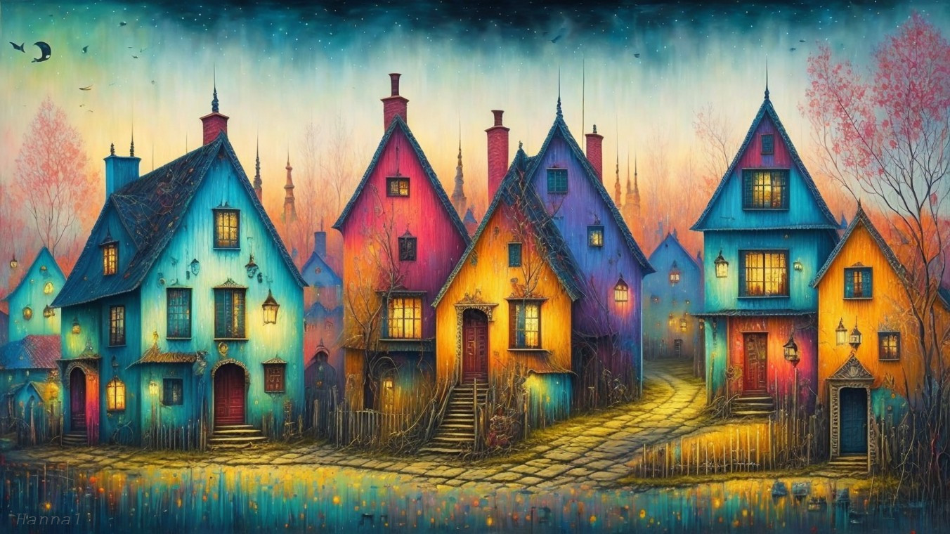 Whimsical Village Scene with Colorful Houses and Trees