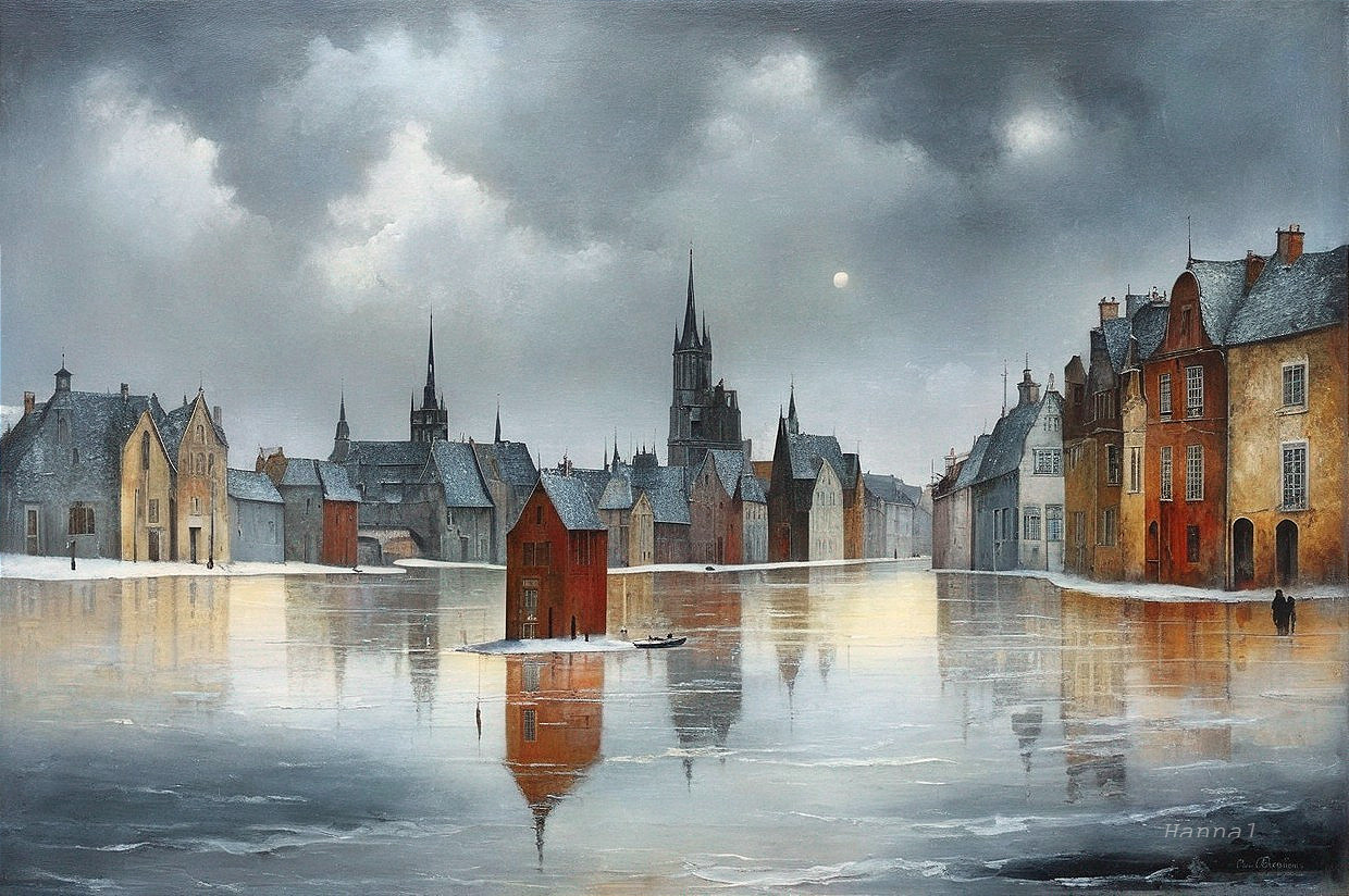 Serene Winter Town Reflected in Frozen Lake