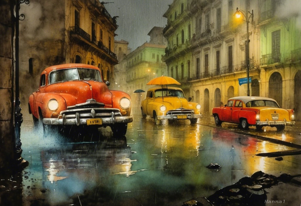 Classic Cars in Rainy Urban Street Scene