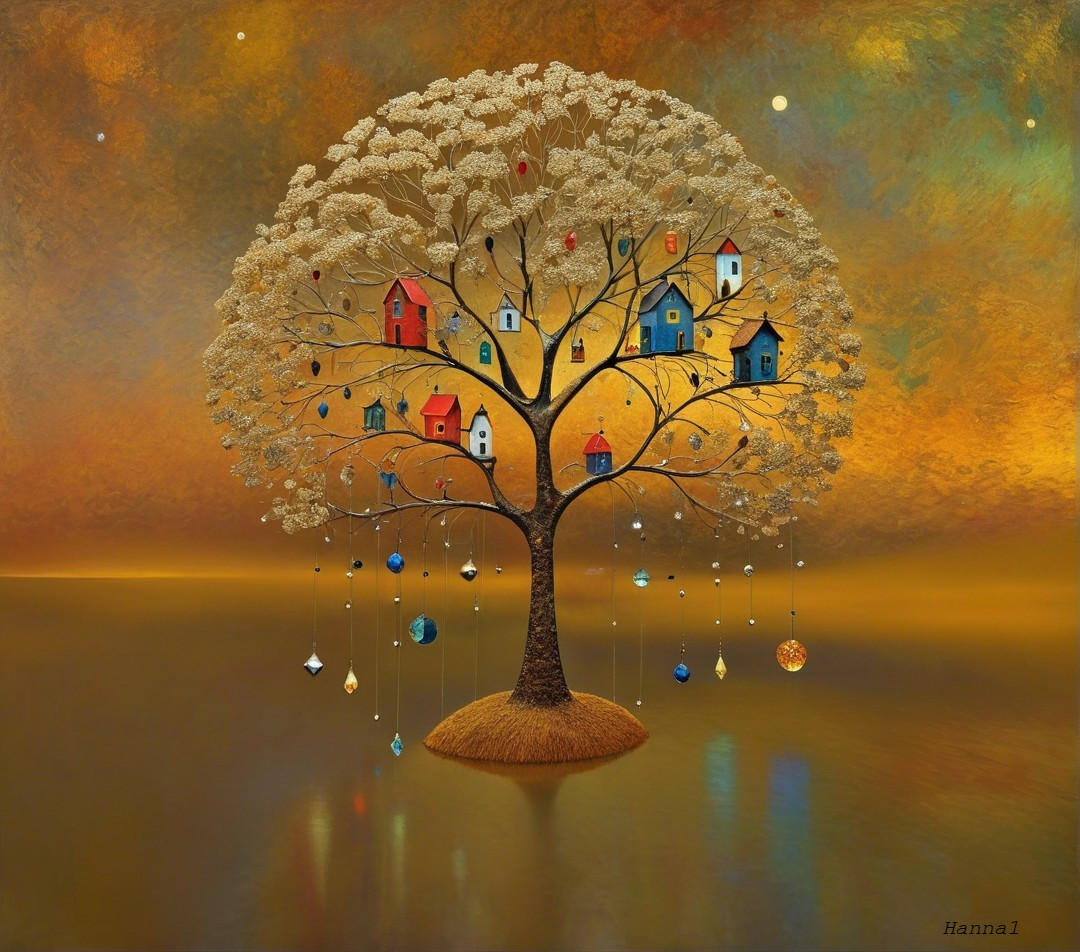Whimsical Tree with Colorful Houses and Ornaments