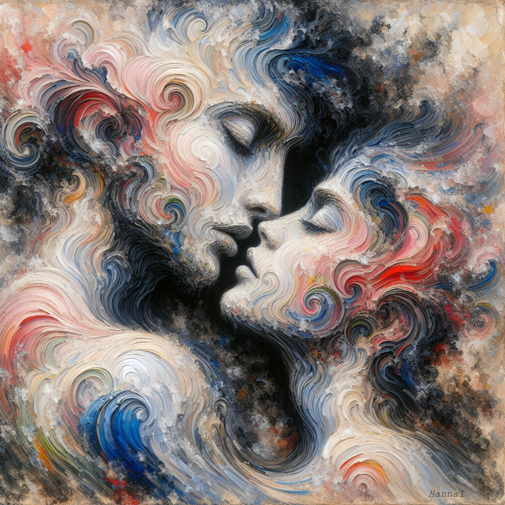 Abstract Artwork of Two Figures in Intimate Embrace