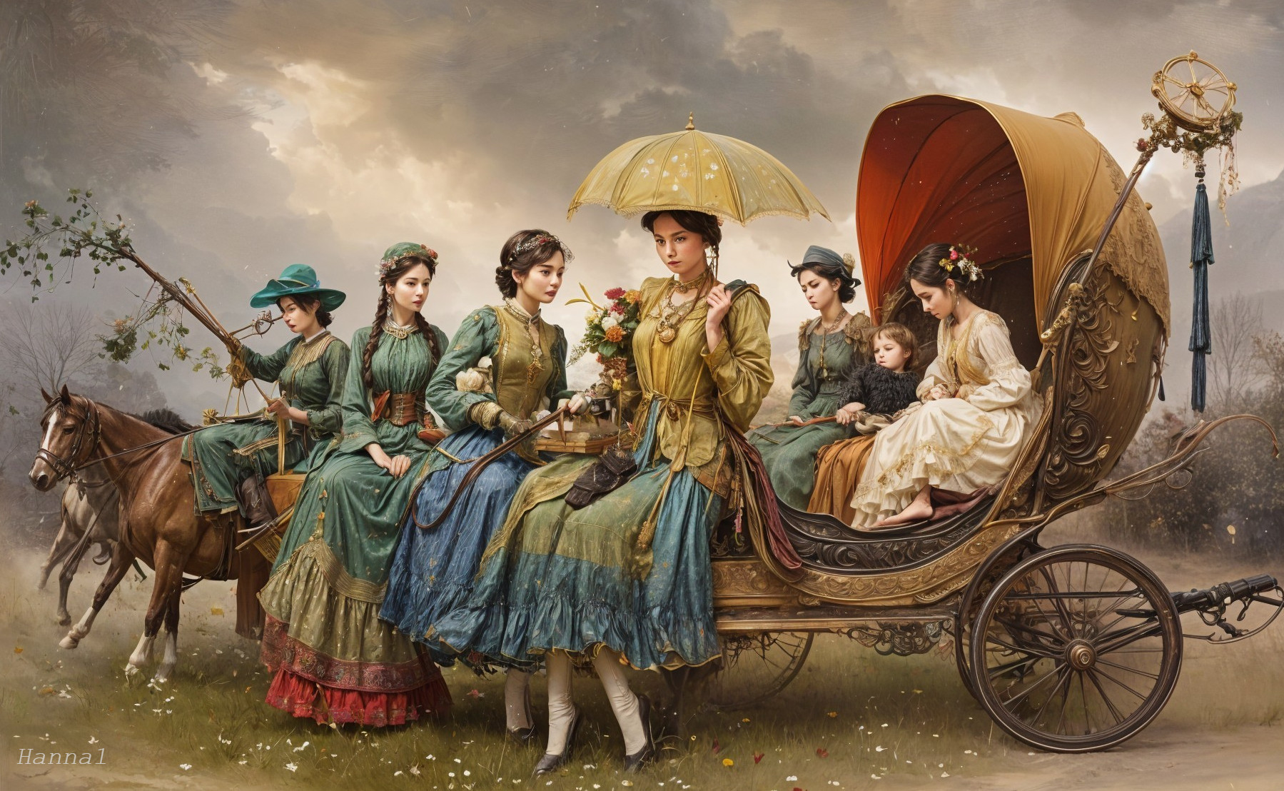 Vintage carriage with elegantly dressed women and child