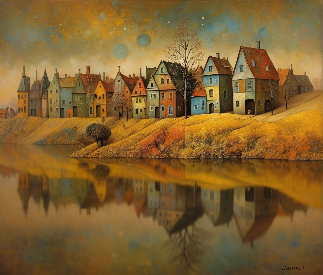 Pastel Houses by Tranquil River in Serene Landscape