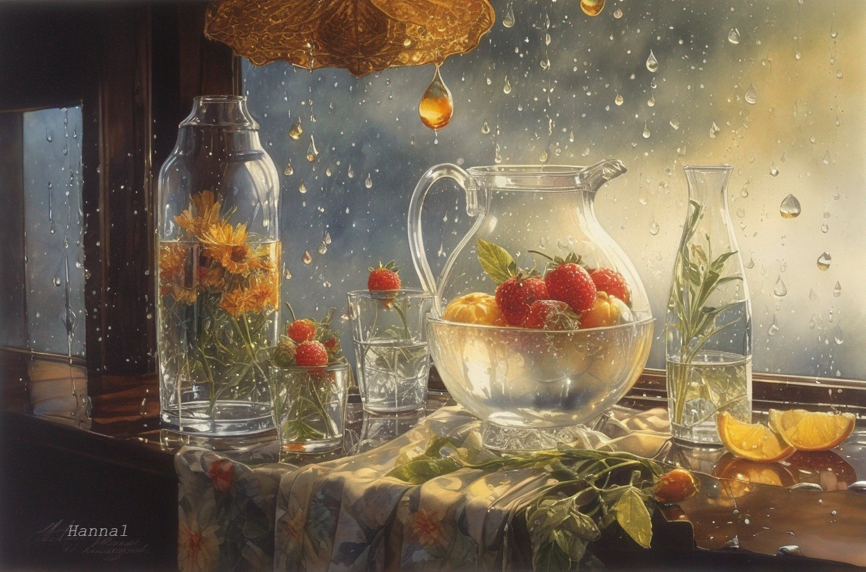 Still Life with Glass Pitcher and Rainy Backdrop