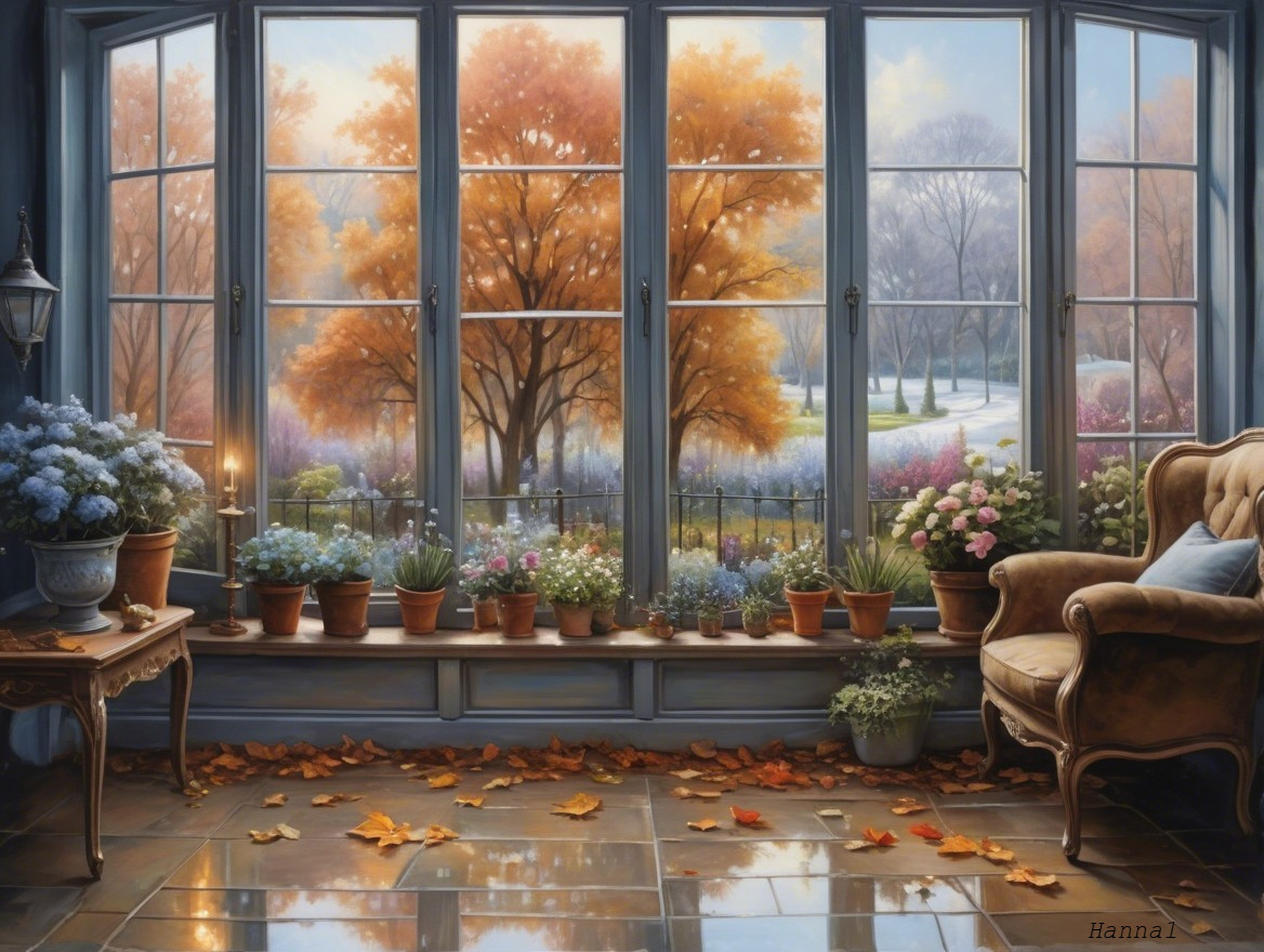 Cozy Interior with Autumn View and Vibrant Decor