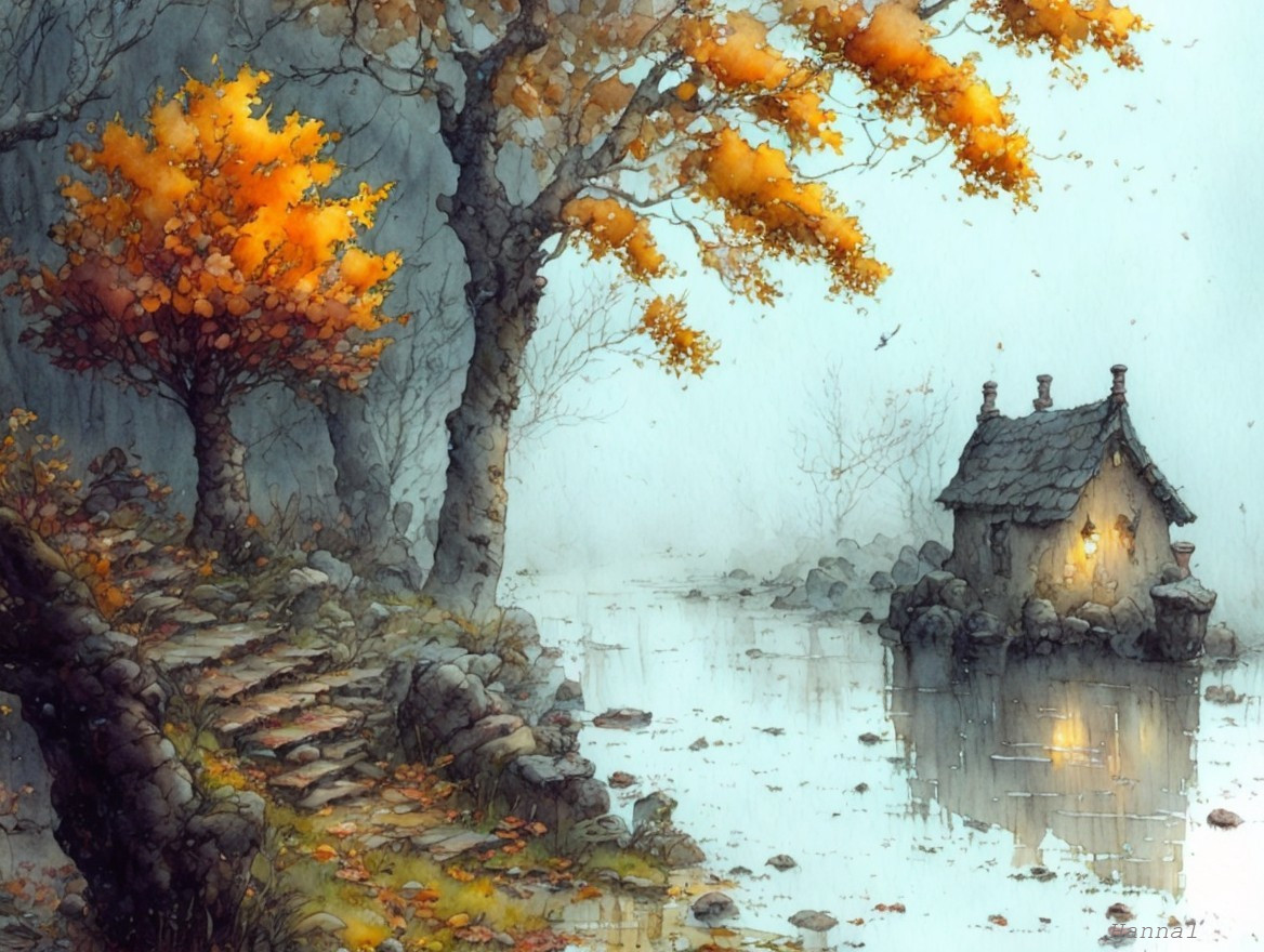 Autumn Landscape with Cottage by Foggy Lake