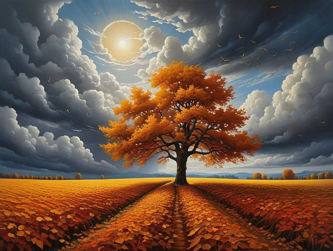 Solitary tree with orange leaves in autumn field