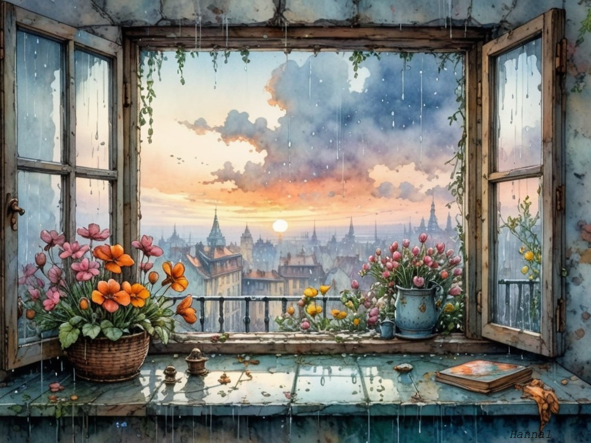 Vibrant Cityscape at Sunset Through Rustic Window