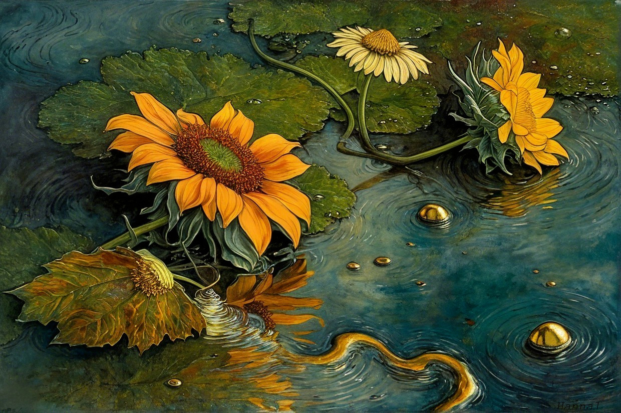 Vibrant Sunflowers and Daisies by Tranquil Water