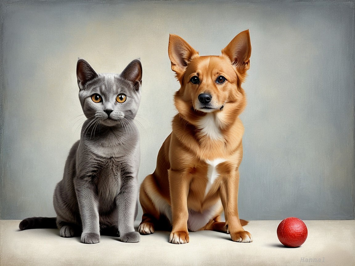 Gray Cat and Orange-Brown Dog on Light Surface
