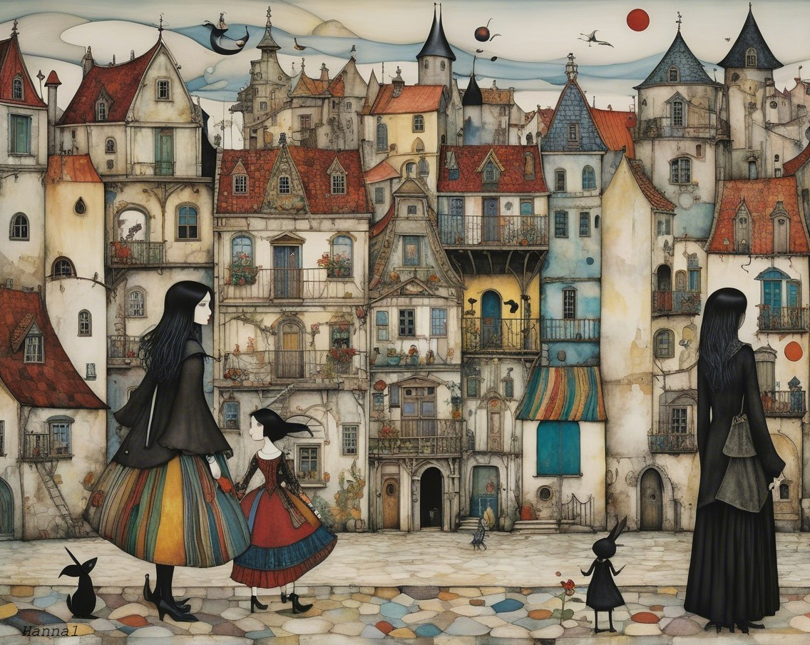 Colorful Village Scene with Unique Houses and Characters