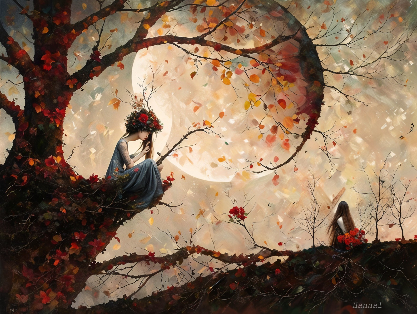 Whimsical Scene of Figures Among Autumn Leaves and Moon