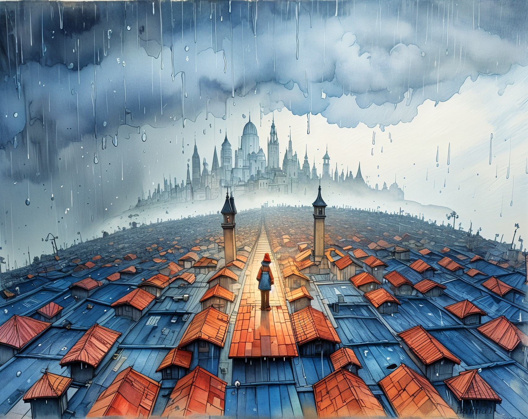 Whimsical Cityscape with Rainy Skyline and Rooftop