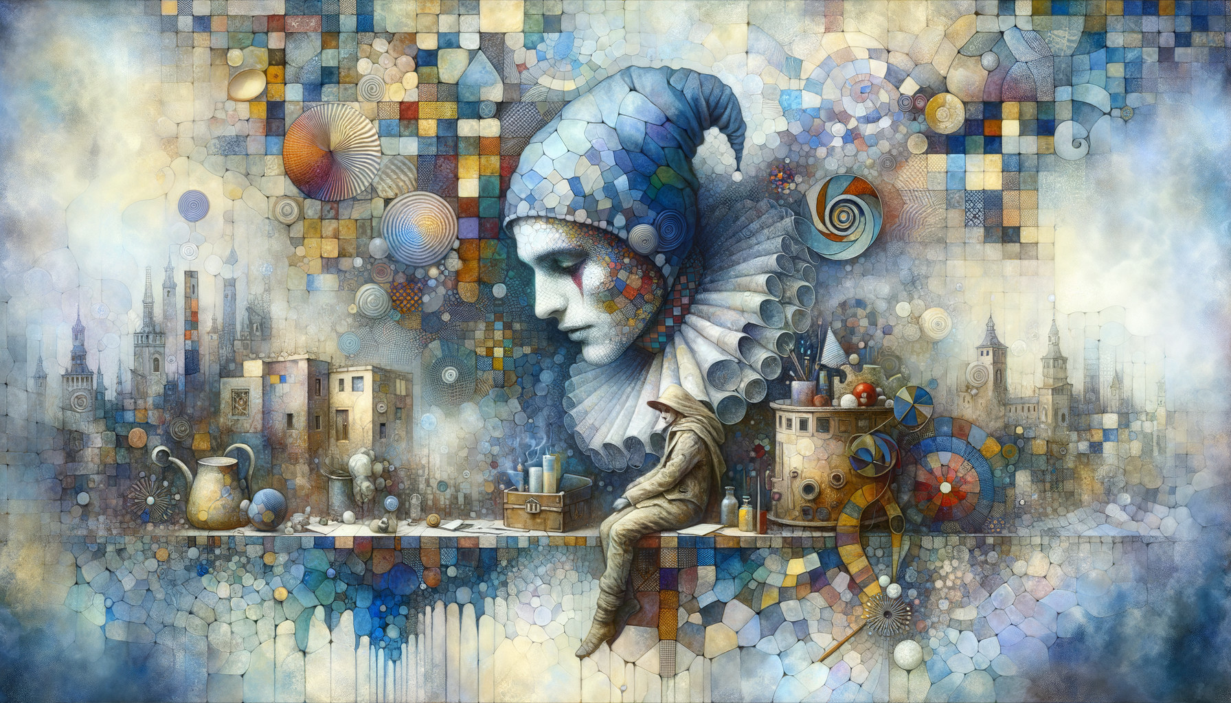 Surreal Artwork with Ethereal Figure and Geometric Patterns