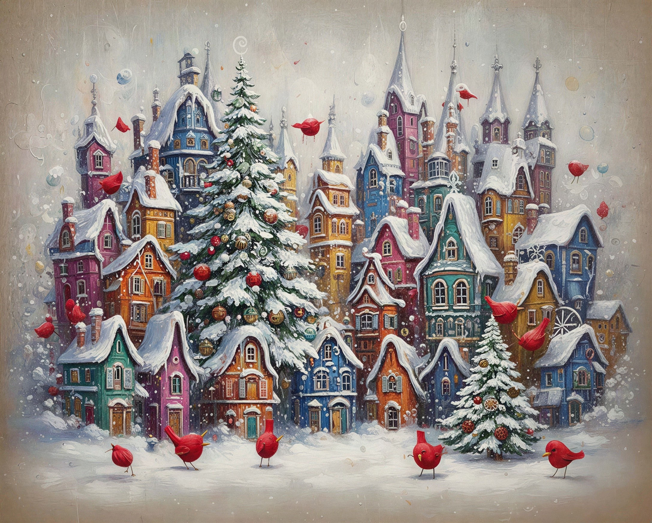 Whimsical Christmas Village Illustration with Vintage Charm
