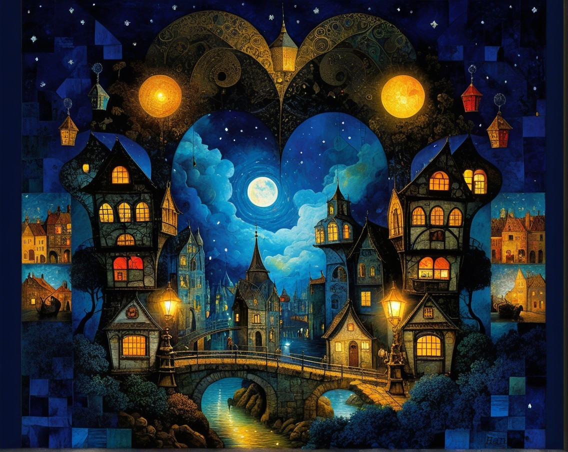 Whimsical Night Scene with Glowing Moon and Village