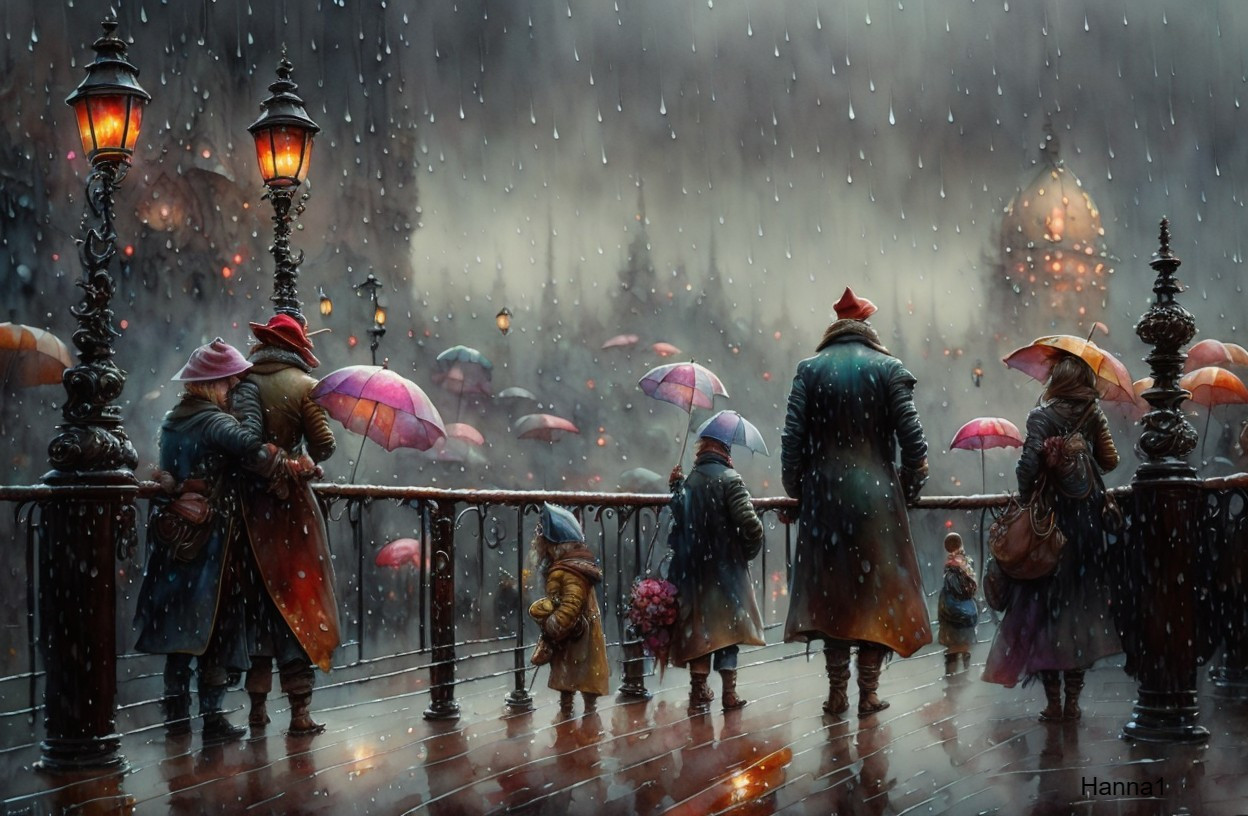 Rainy bridge scene: People with umbrellas on lamplit bridge, gazing at misty city