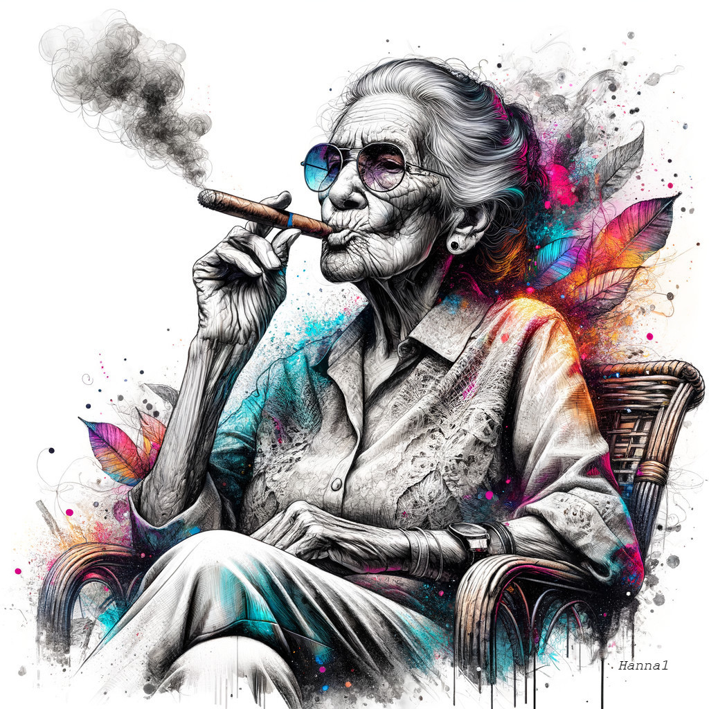 Elderly Woman in Wicker Chair with Cigar and Sunglasses
