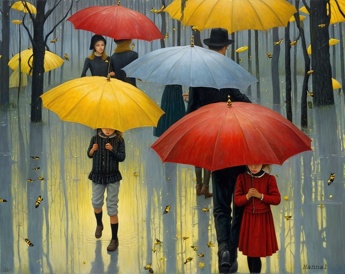 Whimsical Forest Scene with Colorful Umbrellas