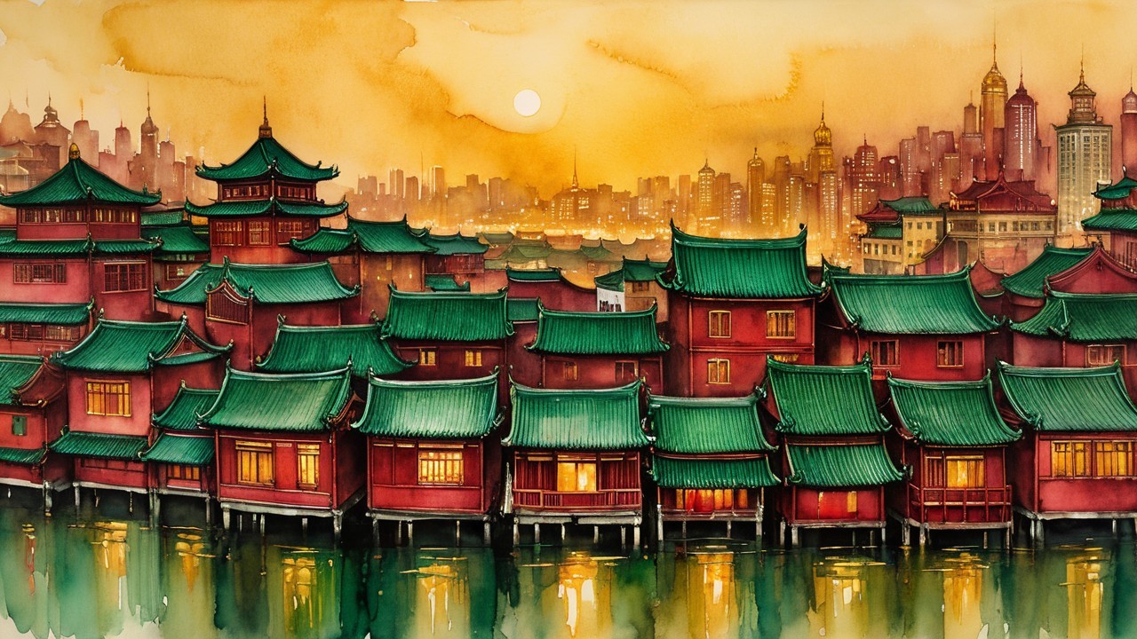 Watercolor Landscape of Asian Village and City Skyline