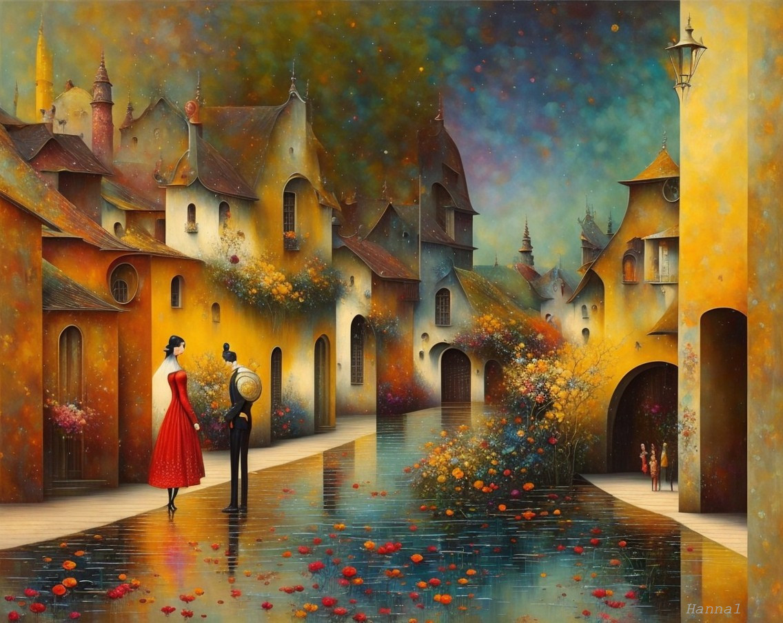 Whimsical Town Scene with Colorful Buildings at Twilight