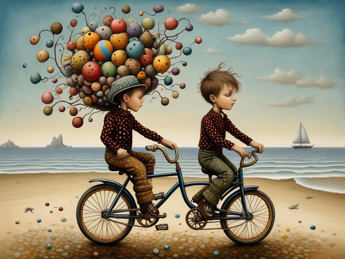Children Riding Bicycle with Imaginative Elements