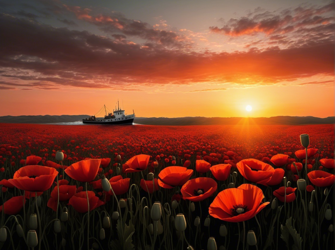 Serene sunset over a field of vibrant red poppies