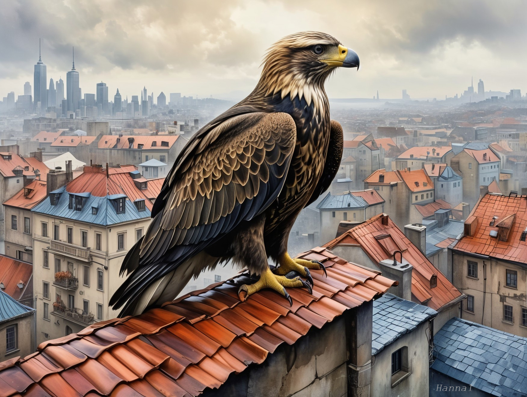 Eagle on Rooftop Overlooking Urban Cityscape