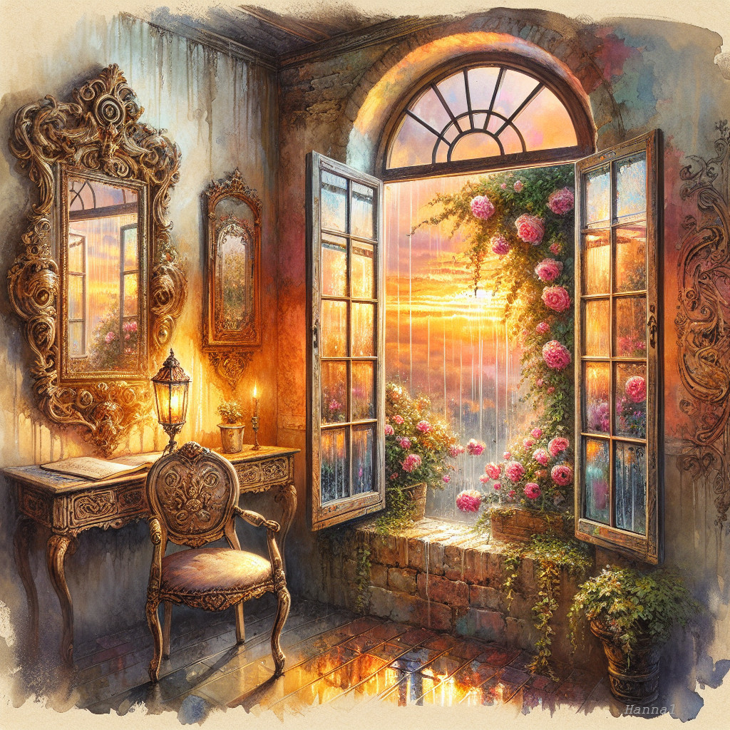 Richly Decorated Indoor Space with Sunset View
