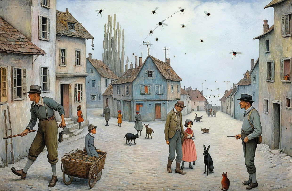 Charming Village Scene with Cobblestone Street Activities