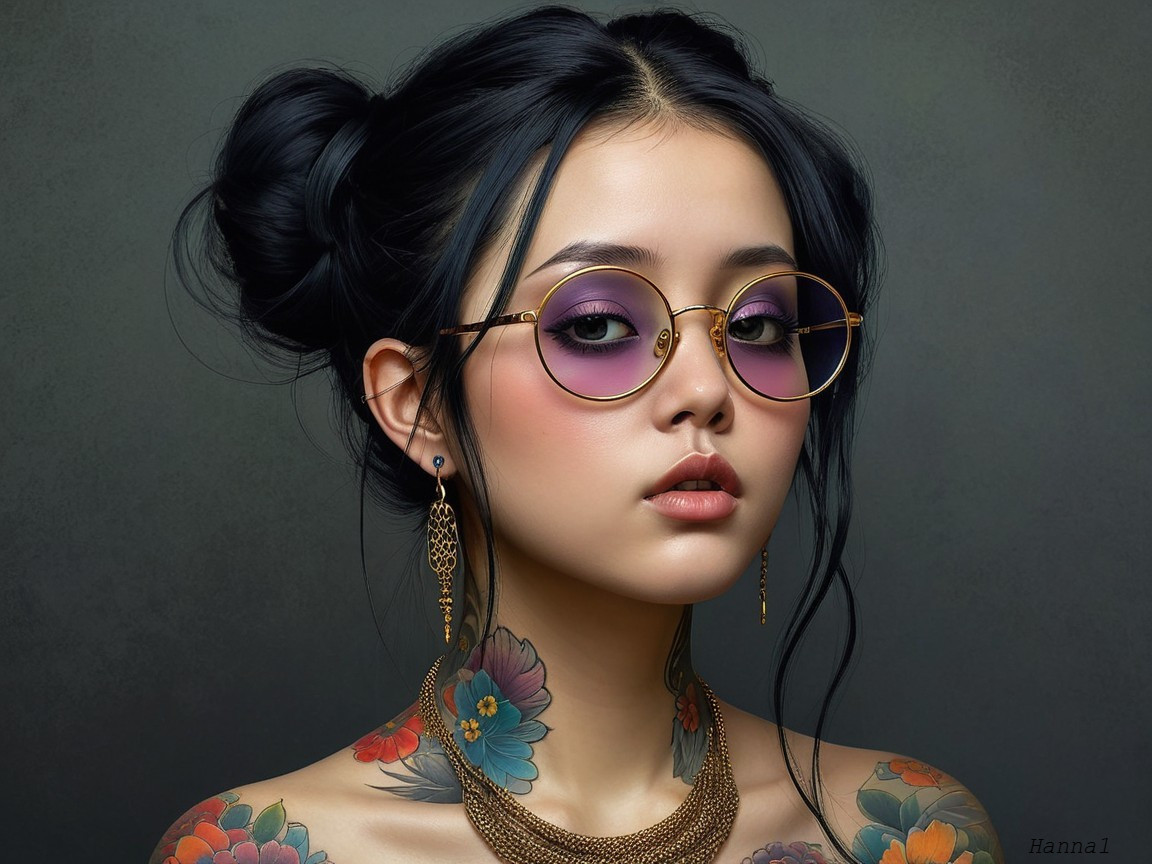 Portrait of a young woman with floral tattoos and glasses