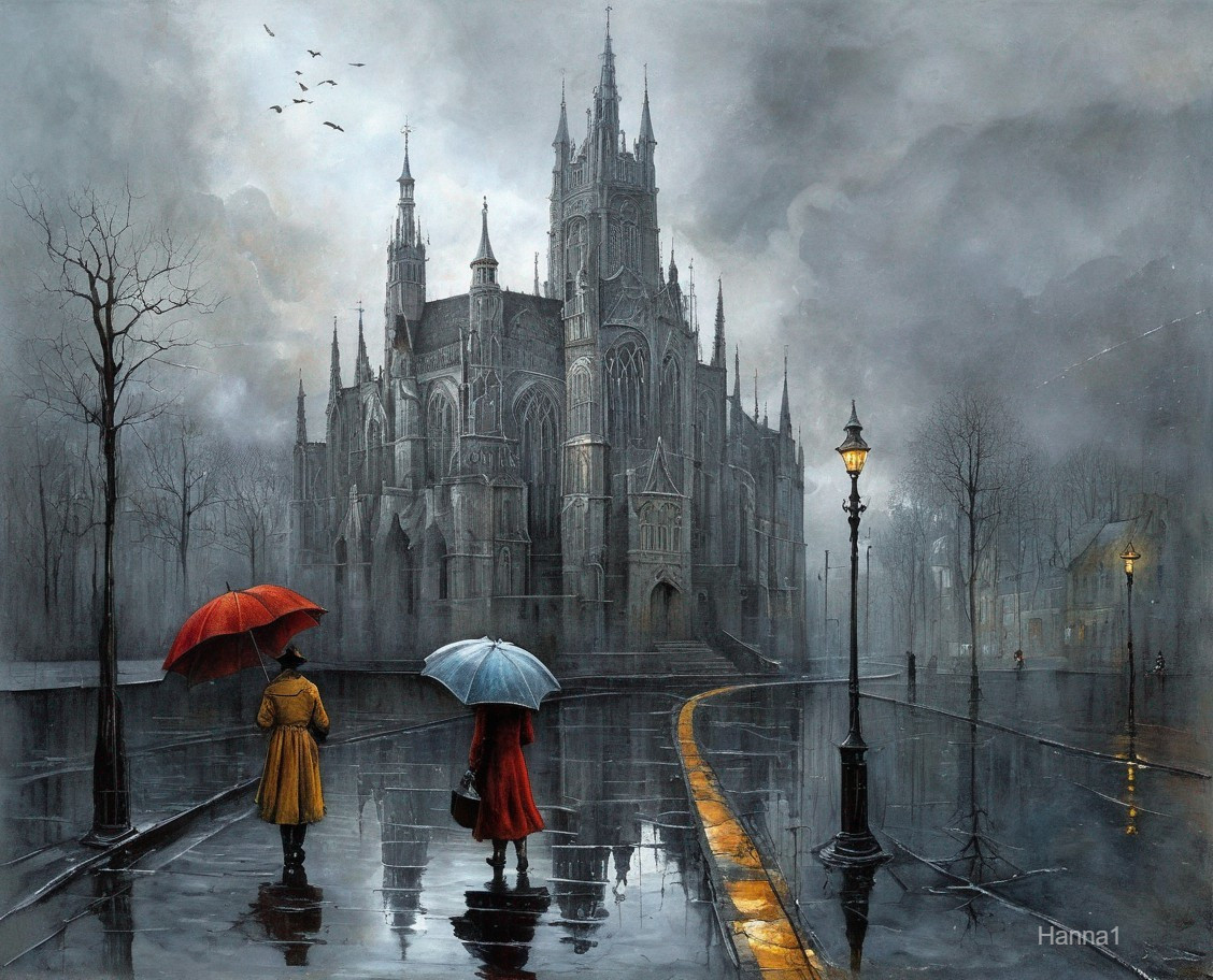 Foggy Landscape with Figures and Gothic Cathedral