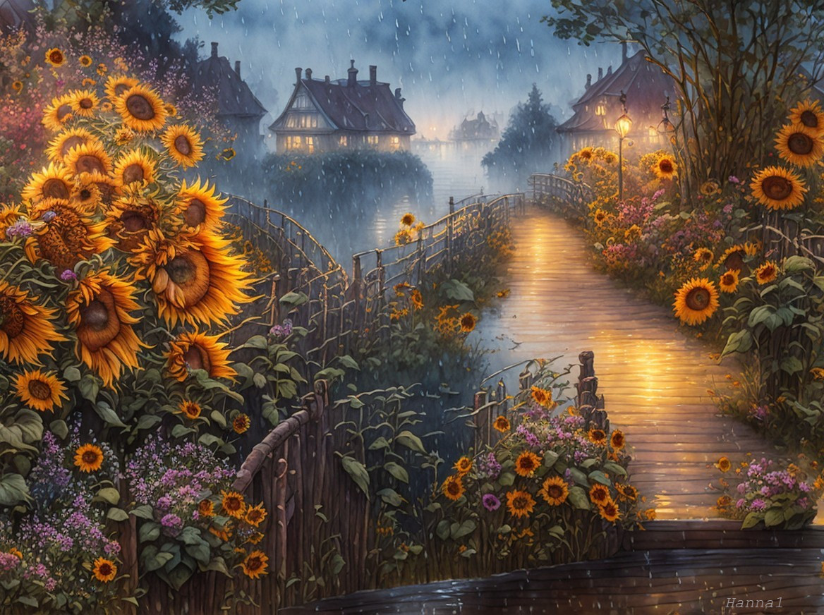 Rainy Village Scene with Cozy Cottages and Gardens
