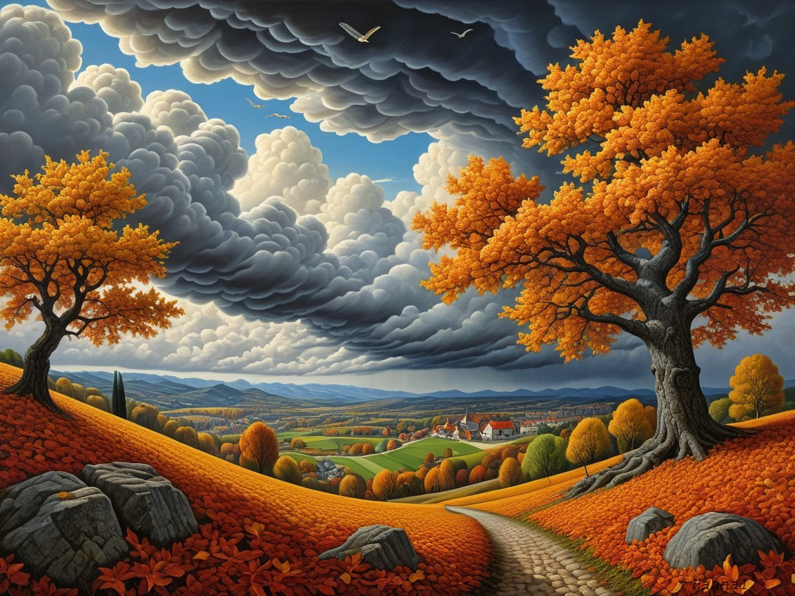 Serene autumn landscape with vibrant hills and trees