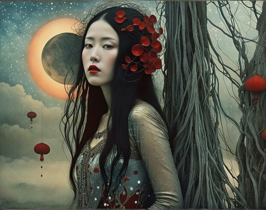 Ethereal figure in dreamlike landscape with lanterns
