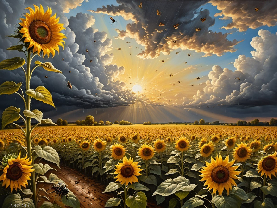 Sunflower Field Under Dramatic Sunset Sky