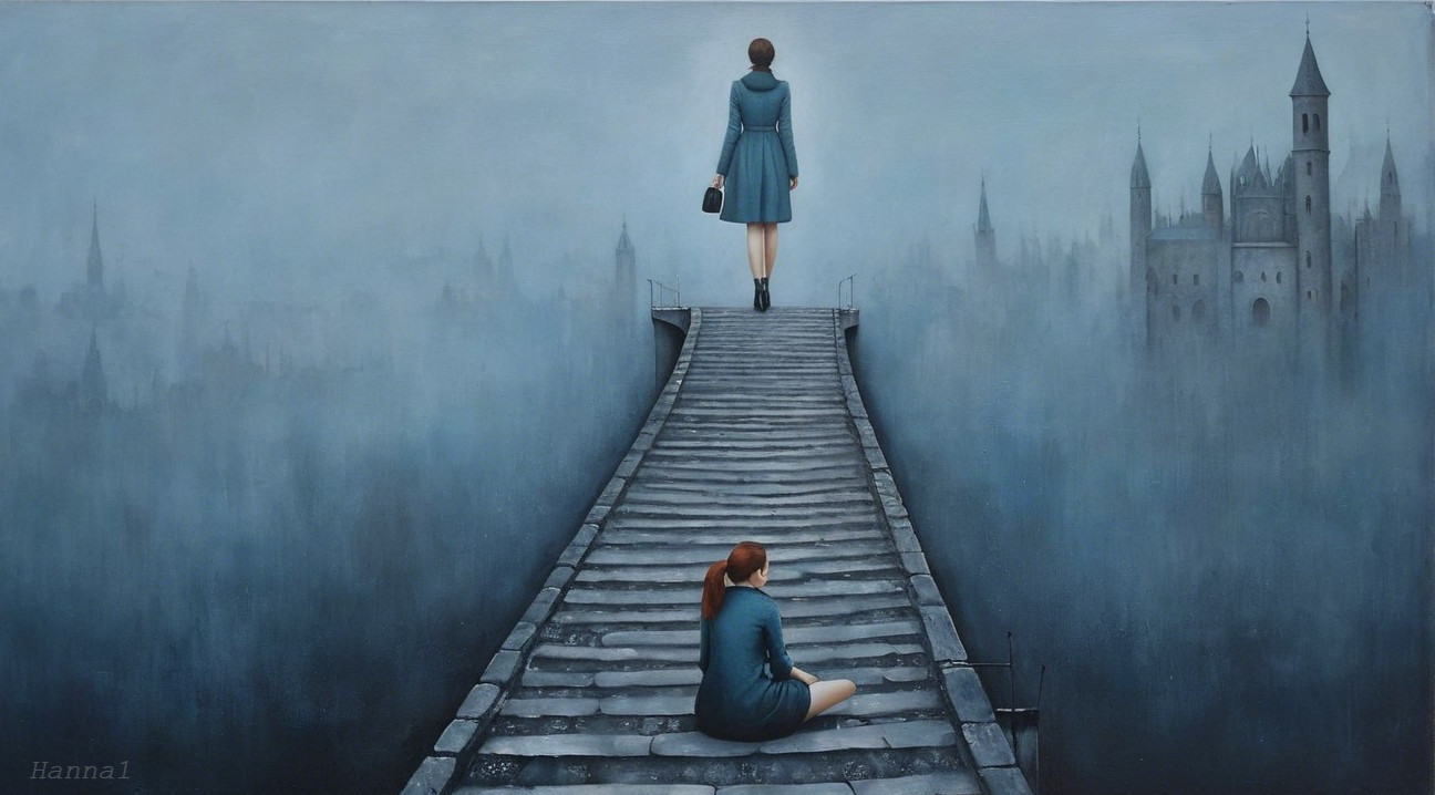 Surreal Landscape with Women on Elevated Pathway