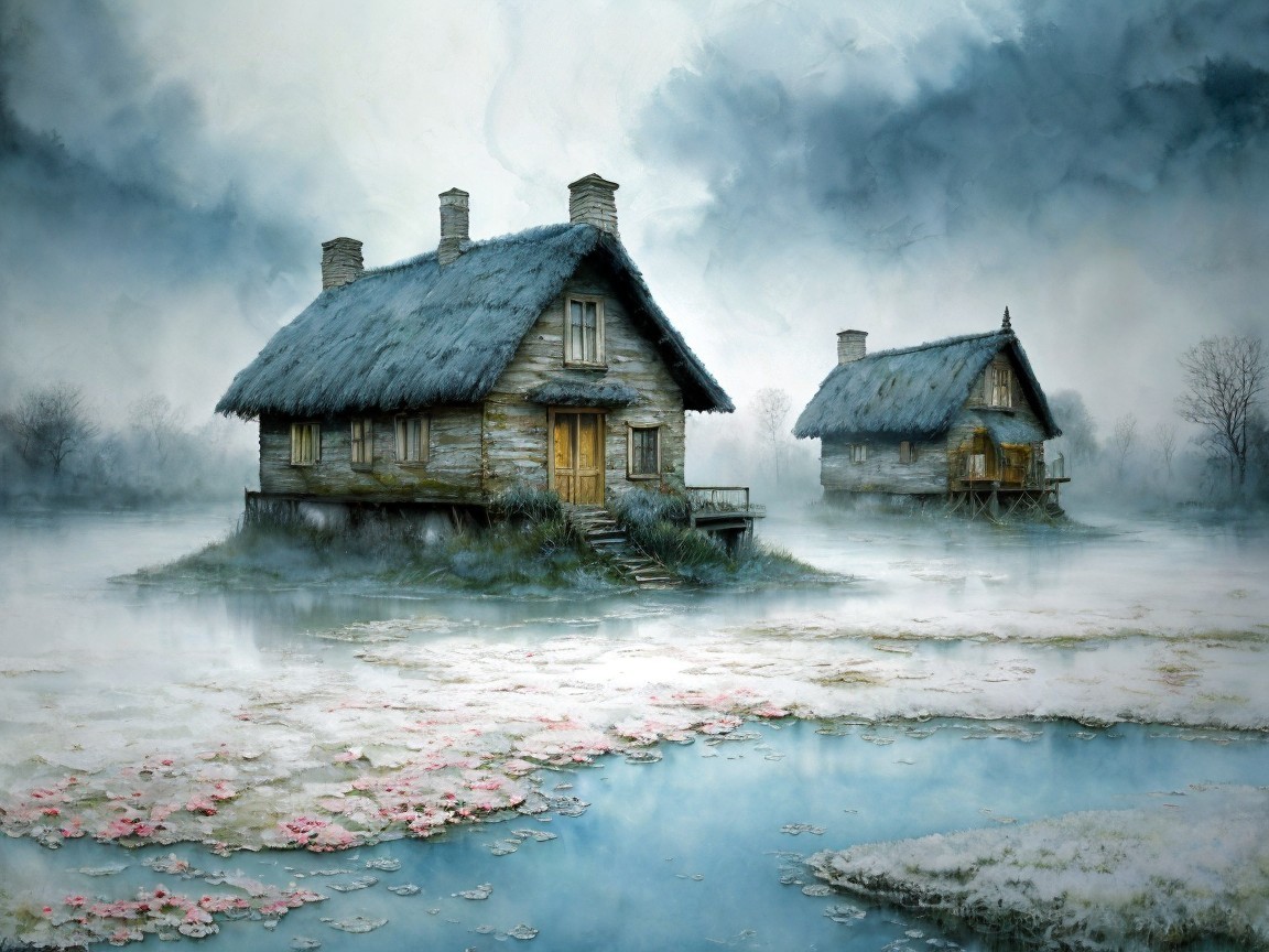 Rustic houses with thatched roofs in misty landscape