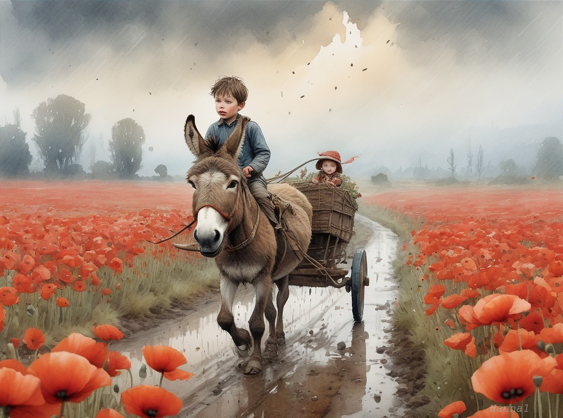 Young Boy and Girl on Donkey Cart in Poppy Fields