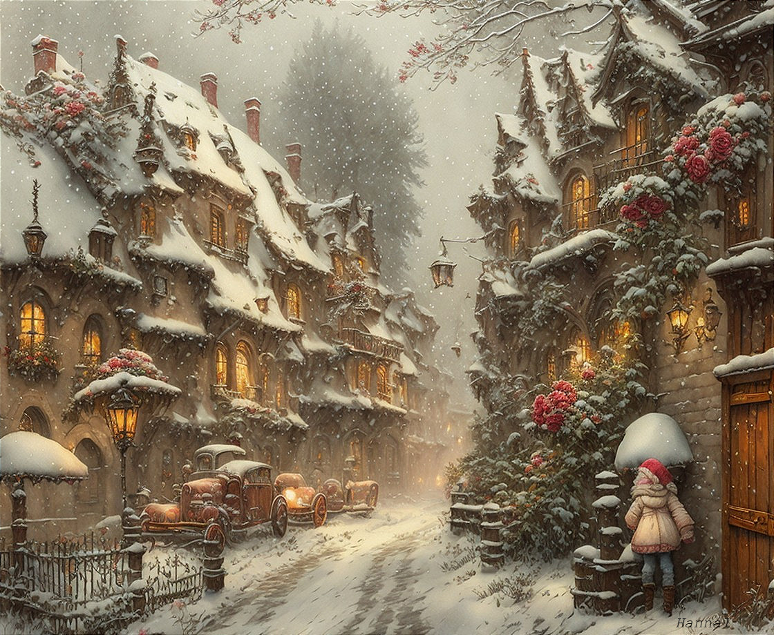 Snow-Covered Village Street with Warm Lamplight