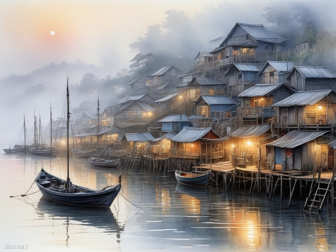 Dawn Riverside Scene with Wooden Houses and Mist